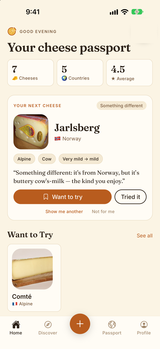 Rindabout home screen with a cheese recommendation